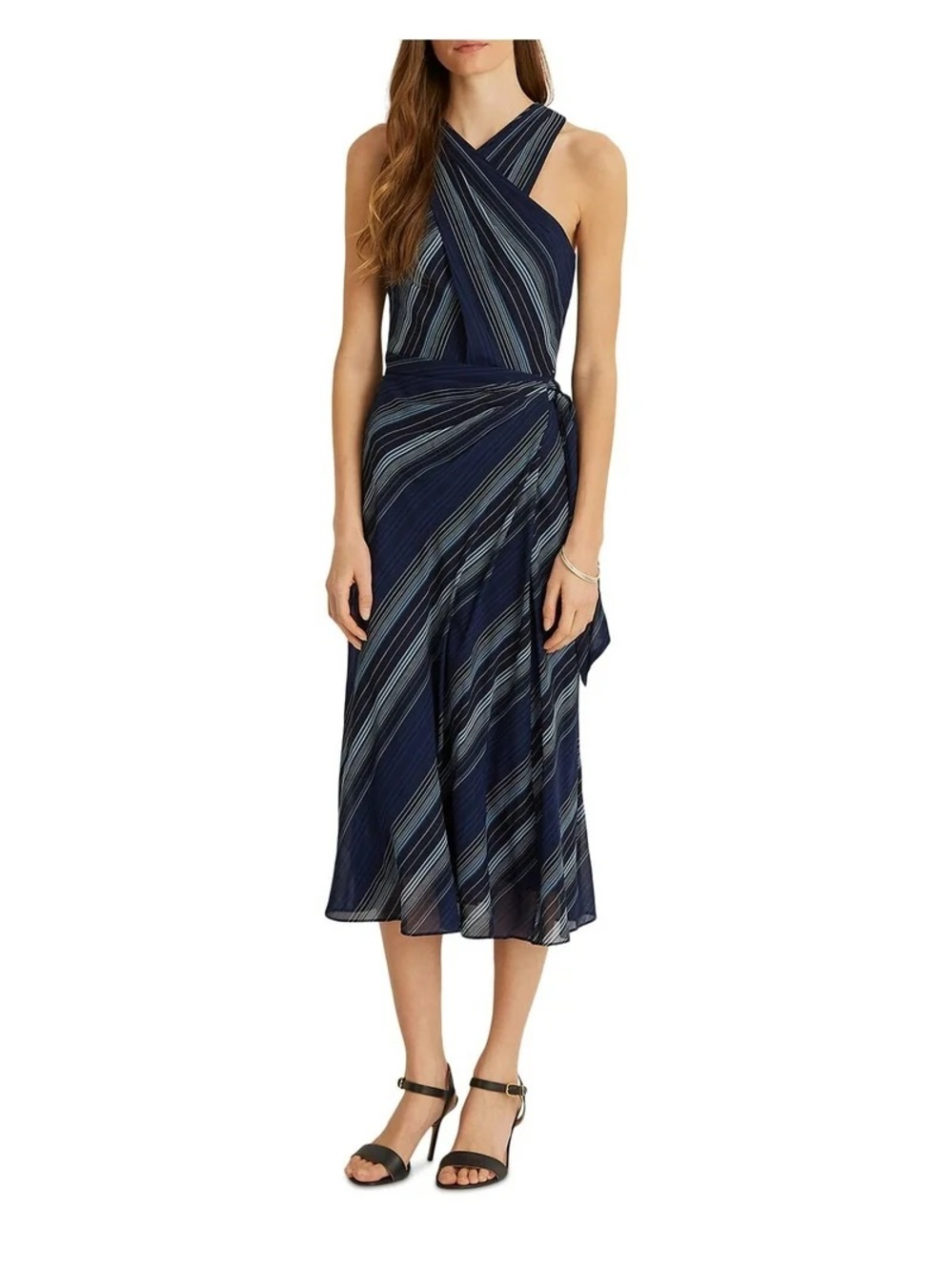 Lauren Ralph Lauren Navy and Light Blue Striped Cross-Halter Midi Dress